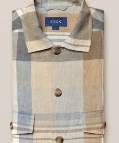 Eton Khaki Plaid Linen Twill Overshirt Off The Water