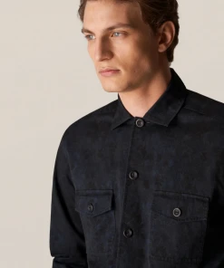 Off The Water Eton Dark Blue Floral Print Gabardine Overshirt